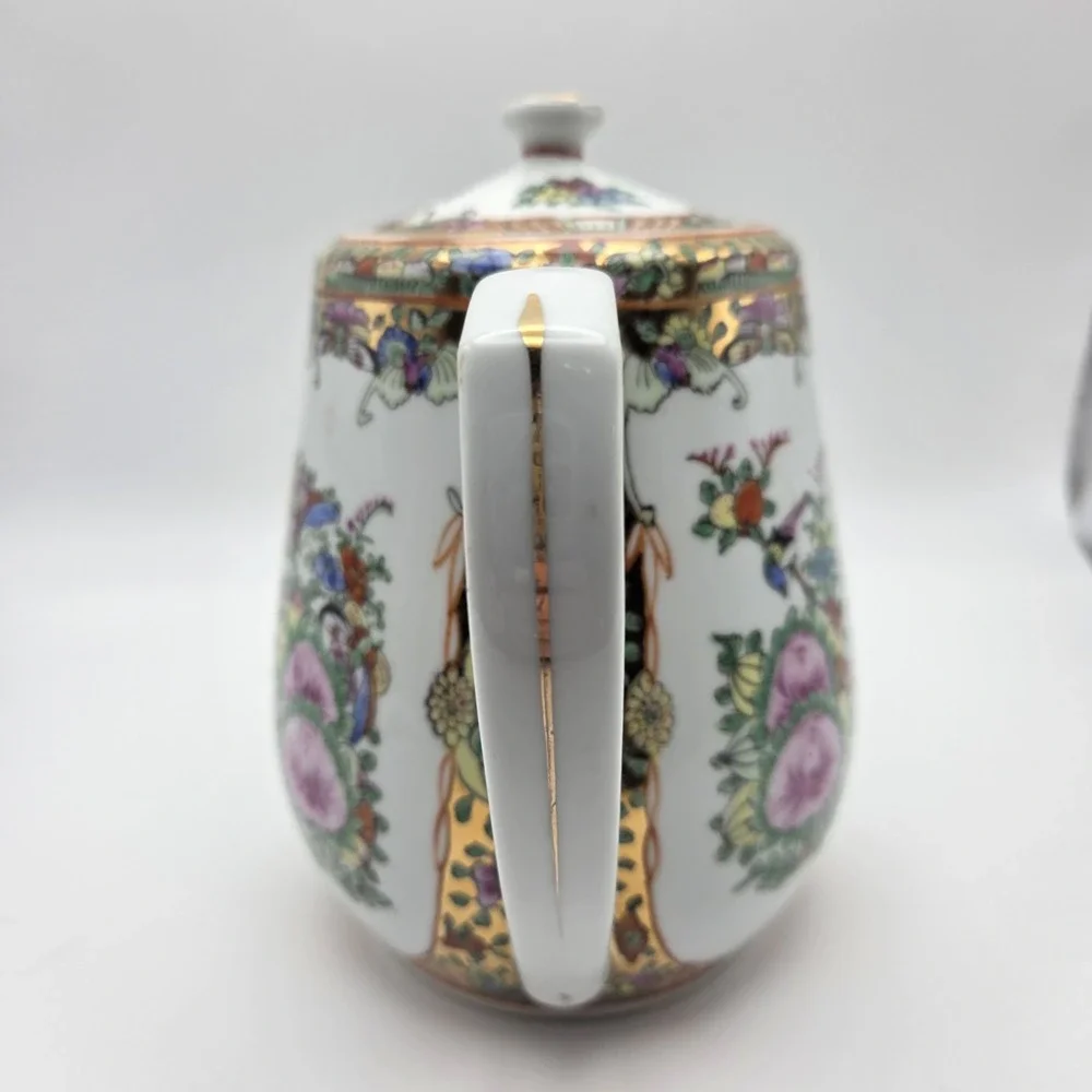 Vintage Cantonese Famille Rose Medallion Porcelain Tea Set Peonies Butterflies